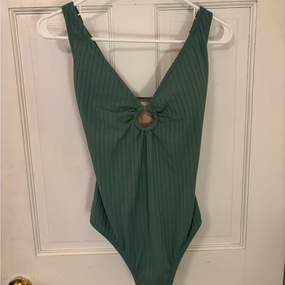 Green Ribbed One Piece Swimsuit - Picture 3 of 4